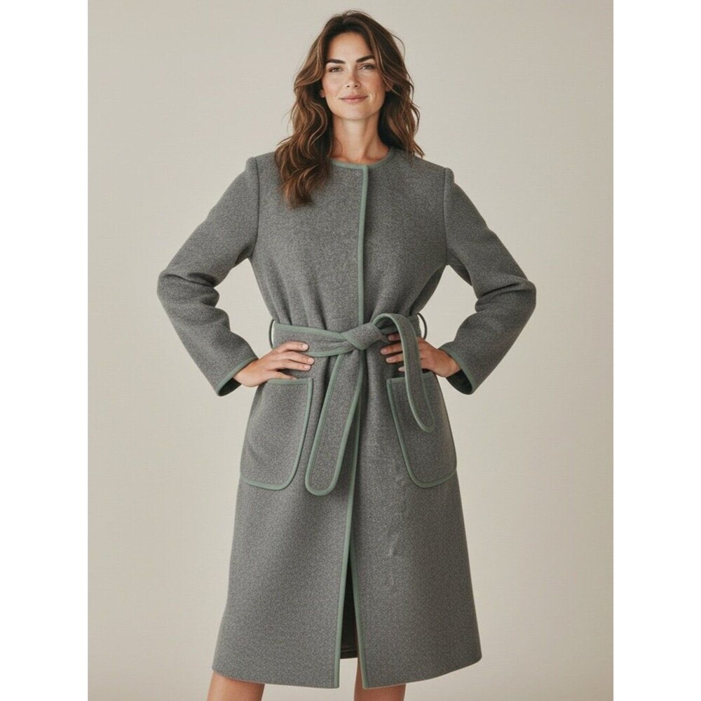 Vince Wool Gray women's belted coat with sage trim - Size XXS